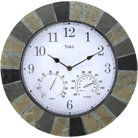 Lily's Home Hanging Wall Clock, Includes a Thermometer and Hygrometer and is Ideal for Indoor and Outdoor Use, Faux-Slate (14 Inches)