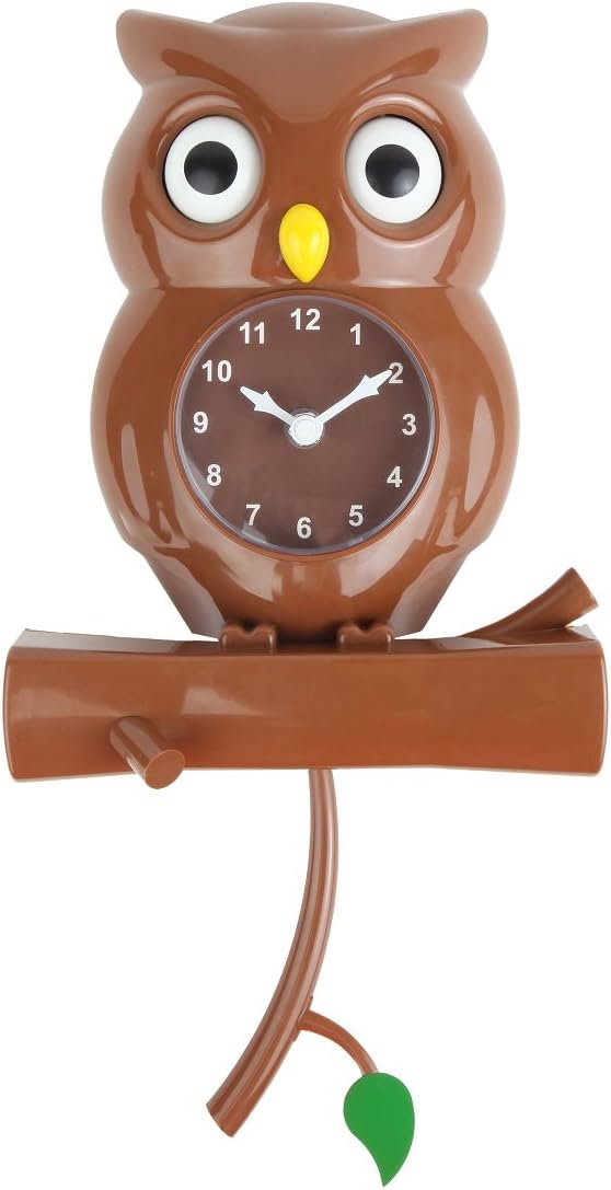 Lily's Home Pendulum Owl Clock with Revolving Eyes and Swinging Branch, Battery Powered and Wall Mountable, Wonderful and Whimsical Addition to Themed Bedroom Décor, Brown (15 Inches)