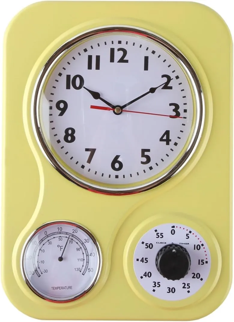 Lily's Home Retro Kitchen Wall Clock, with a Thermometer and 60-Minute Timer, Ideal for Any Kitchen, Yellow (9.5 in x 13.3 in)