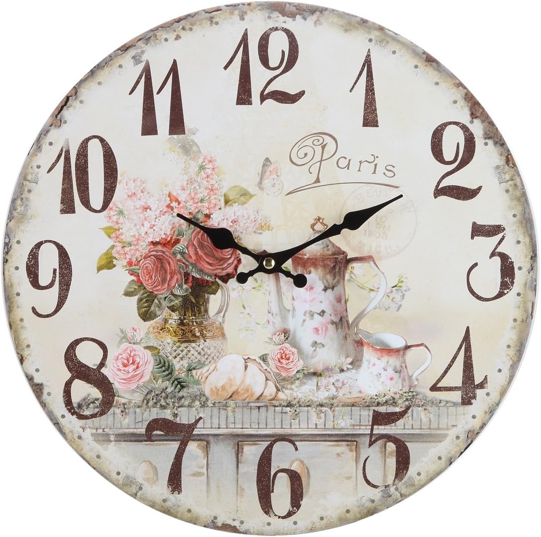 Lily's Home Vintage French Kitchen Wall Clock, Crafted with a Beautiful Distressed Design and French Tea Time Illustration (13 Inches)