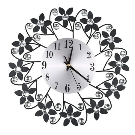 Linaichen diamond wall clock Retro Diamond Wrought Iron Wall Clock Leaf Petals Creative Mute Living Room Decoration Clock without Battery (Black)