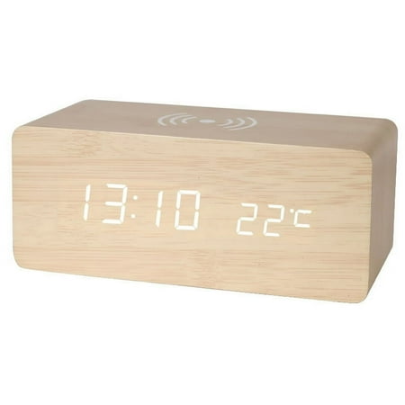 Lindbes Wooden Digital Alarm Clock FM Radio 10W Fast Wireless Charger Station for iPhone/Samsung Galaxy 5 Level Dimmer USB Charging Port 2 Wake up Sounds Bedrooms Sleep Timer （G)