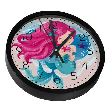 Little Mermaid with Pink Hair Silent Wall Clock, Non Ticking Battery Operated 9.8 Inch Wall Clocks for Bedroom Kitchen Home Office School Art Decor