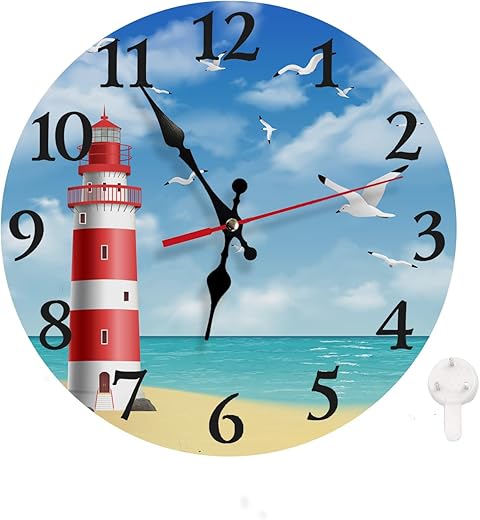 LOKMU Silent Non Ticking Clock 10 Inch, Round Wall Clock,Decorative for Living Room, Kitchen, Home,Bathroom, Bedroom, Office or School Beach Lighthouse Seagull