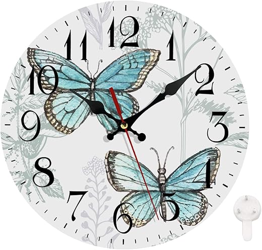 LOKMU Silent Non Ticking Clock 10 Inch, Round Wall Clock,Decorative for Living Room, Kitchen, Home,Bathroom, Bedroom, Office or School Vintage Butterflies and Herbs