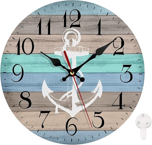 LOKMU Silent Non Ticking Clock 10 Inch, Round Wall Clock,Decorative for Living Room, Kitchen, Home,Bathroom, Bedroom, Office or School Beach Wood Nautical Stripes Anchor