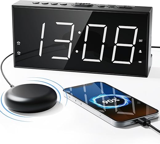 Loud Alarm Clock with Bed Shaker for Heavy Sleeper, Dual Vibrating Alarm Clock with USB Charger for Hearing-impaired Deaf, 7.5’’ Large LED Display with Dimmer, Snooze, 12/24H & Battery Backup