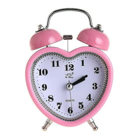 Love Heart-shaped Dual Bell Alarm Clock Mute With Night Light Desktop Clock 1 pc pink (H-3)