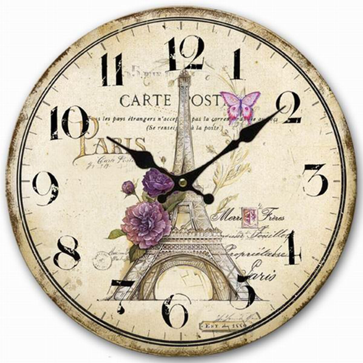 12 Inch Retro Silent Wall Clock Battery Operated for Kitchen,Small Wall Clock Non-Ticking Paris Eiffel Tower Decorative for Living Room,Vintage Wood Wall Clock for Bedroom Home Office School