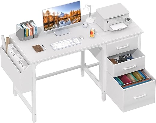 Lufeiya White Computer Desk with Fabric File Drawers Cabinet, 47 Inch Home Office Desks with Filing Cabinet for Small Space, Modern Writing Table PC Desks, White