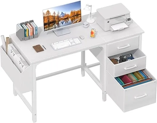 Lufeiya White Computer Desk with Fabric File Drawers Cabinet, 47 Inch Home Office Desks with Filing Cabinet for Small Space, Modern Writing Table PC Desks, White