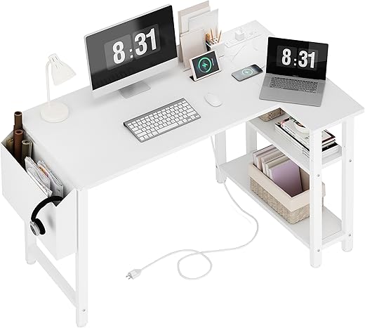 Lufeiya White L Shaped Computer Desk with Power Outlet Shelves, 40 Inch Small Corner Desk for Small Space Home Office, L-Shaped Desk PC Desks, White