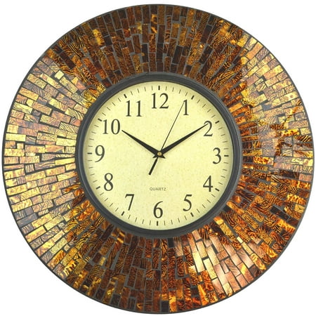 LuLu Decor, 19 Baltic Amber Mosaic Wall Clock with 9.5 Brown Arabic Glass Dial, 4.50 Mosaic Border, Silent Non-ticking Quartz, Perfect for Housewarming Gift