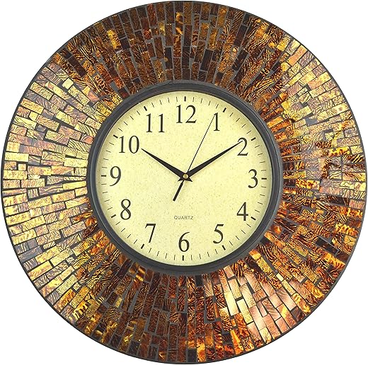 Lulu Decor, 19" Baltic Amber Mosaic Wall Clock with 9.5" Brown Arabic Glass Dial, 4.50" Mosaic Border, Silent Non-Ticking Quartz, Perfect for Housewarming Gift (LP72)