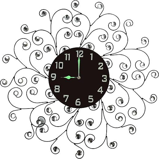 Lulu Decor, Creeper Metal Wall Clock 25”, 9.5” Black Glass Dial with Arabic Numbers, Decorative Night Dial Clock for Living Room, Bedroom, Office Space