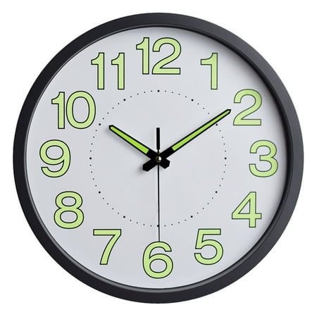 Luminous Wall Clock 12 Inch - Black Frame White Dial - Minimalist Round Quartz for Bedroom Living Room