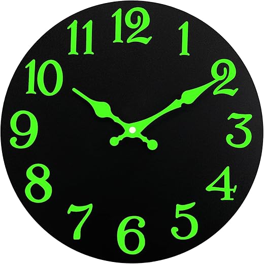 Luminous Wall Clock, Silent Non-Ticking 12'' Night Light Wall Clocks Battery Operated, Country Style Wooden Illuminated Wall Clock Decorative for Kitchen, Home, Bedrooms, Office (Black)