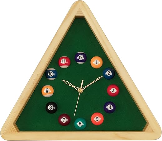 Lumuasky Billiards Wall Clock - 14Inch Triangle Pool Table Cool Wall Clocks with Solid Wood Frame,Great for Billiards Room,Pool Room,Game Room,Bar