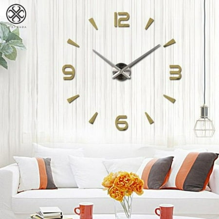 Luxtrada DIY 3D Large Number Mirror Wall Watch Wall Clock Home Decor Modern Art Clock (Gold)