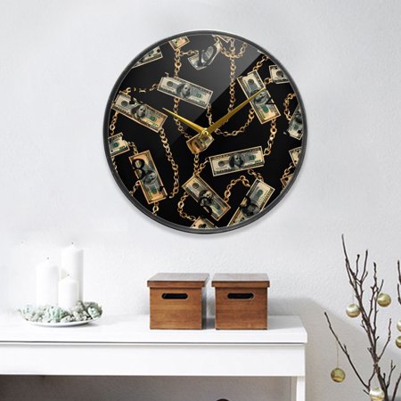 Luxury Dollar Bill Chain Round Wall Clock 9.5 Inch Non-Ticking Silent Battery Operated Clock for Home Kitchen Office School Decor