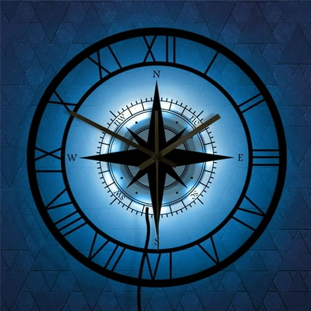 Lydiaunistar LED Lights Transparent Wall Clock Black Wind Rose Compass Direction Chart Nautical Acrylic Clock Decorative Wall Clock