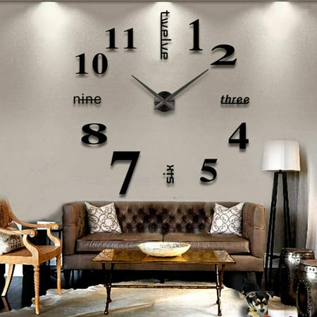 LZYMSZ DIY Wall Clock Modern 3D Wall Clock with Mirror Numbers Stickers for Home Office Decorations Gift(Black)