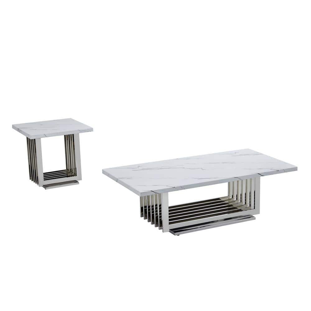 Magda 55 in. White Rectangle Marble Top Coffee Table Set with Stainless...