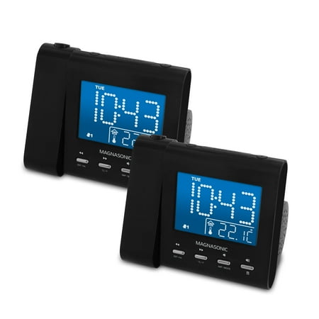 Magnasonic Projection Alarm Clock with AM/FM Radio, Battery Backup, Auto Time Set, Dual Alarm, Sleep Timer, Indoor Temperature/Day/Date Display with Dimming & Audio Input for Smartphones - 2 Pack