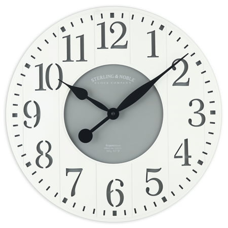 Mainstays Indoor Round 23.5 White and Gray Arabic Wainscot Farmhouse Analog Wall Clock