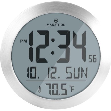 MARATHON 8-Inch Round Digital Wall Clock, Stainless Steel - Large, Easy-to-Read Display - AM/PM or 24-Hour Time, Eight Time Zones, Indoor Temperature, Date