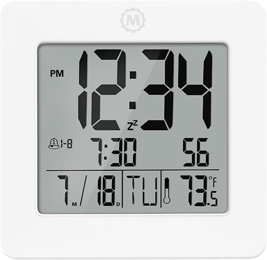 Marathon Digital Desktop Clock, White - Easy-to-Read 3.5” Display with Temperature & Date - Includes Alarm with Snooze & Backlight