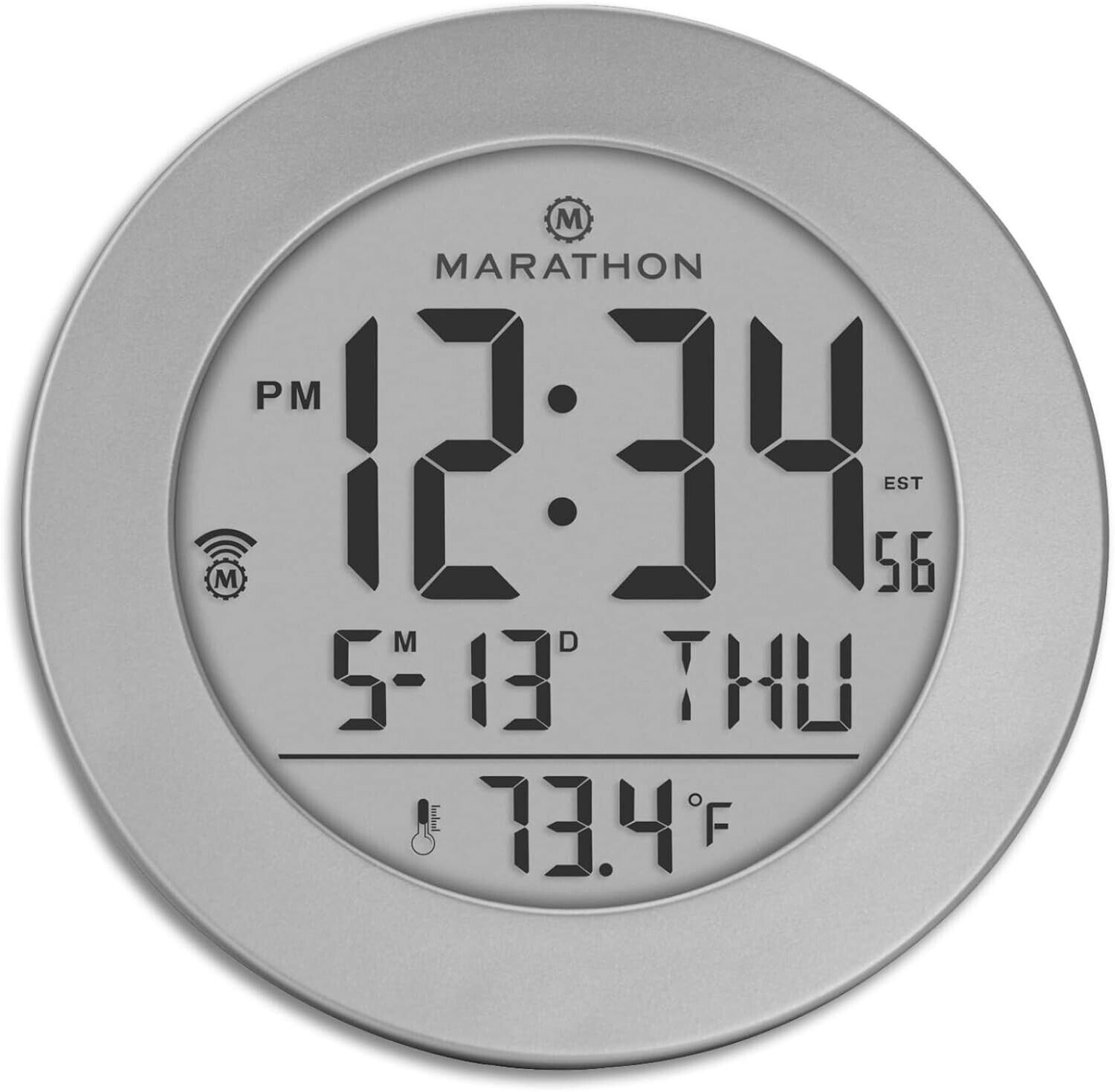MARATHON Round Atomic Alarm Clock Push-Button Backlight Gray TEMPERATURE 3"