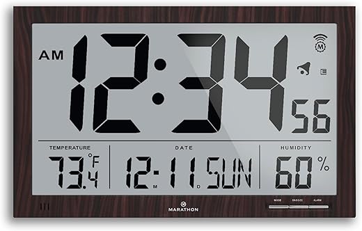 MARATHON Slim Jumbo Atomic Wall Clock, Walnut Finish - Large, 15-Inch Display - Alarm, AM/PM or 24-Hour Time, Eight Time Zones, Indoor Temperature & Humidity - Four AA Batteries Included