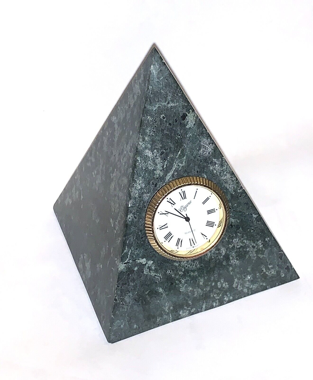 Marble Pyramid Quartz Desk Clock Paperweight ~4 1/2” Tall