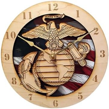 Marine Corps Flag Wall Clock, Rustic Military Flag Wall Decor Clock, Patriotic Round Wall Clock for Living Room Kitchen Bedroom Office (A)