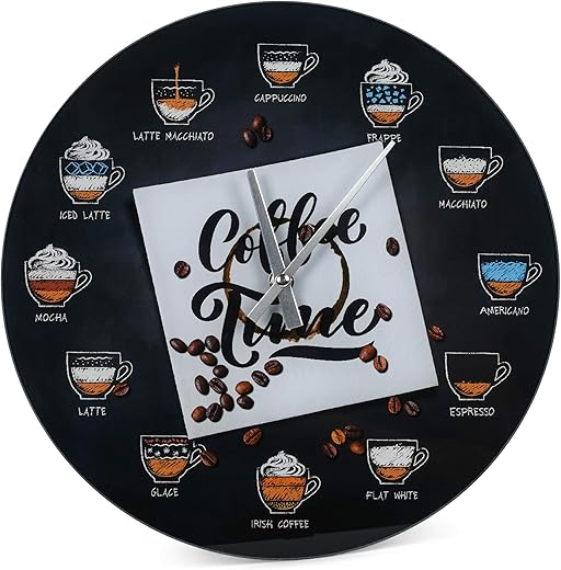 Mark Feldstein & Associates Coffee Time Beverages Midnight Black 12 inch Smooth Glass Round Wall Clock