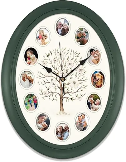 Mark Feldstein & Associates Family Tree Personal Photo Frame Oval Wall Clock, 14 Inch, Customize with Your Photos of Loved Ones