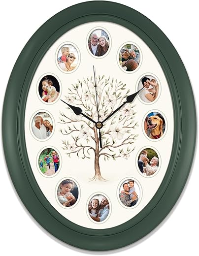 Mark Feldstein & Associates Family Tree Personal Photo Frame Oval Wall Clock, 14 Inch, Customize with Your Photos of Loved Ones