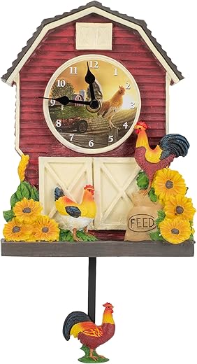 Mark Feldstein & Associates Farm Rooster Pendulum Rustic Floral 15 inch Resin Stone Wall and Tabletop Clock