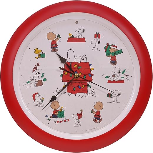 Mark Feldstein & Associates Peanuts Characters Snoopy and Doghouse Christmas Carol Holiday Sound Clock, 13 Inch, Red