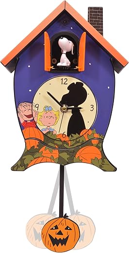 Mark Feldstein & Associates Peanuts Gang Snoopy Linus Lucy It's The Great Pumpkin Halloween Cuckoo Clock, 17 Inch, Plays Spooky Sounds