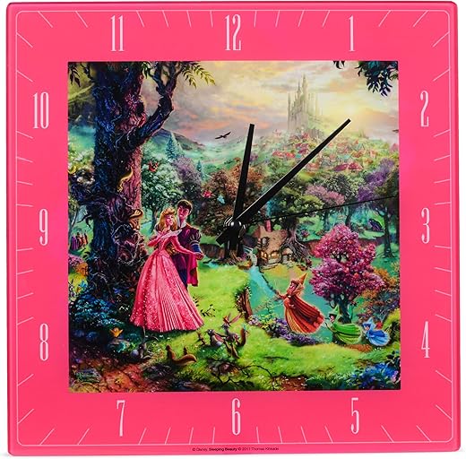 Mark Feldstein & Associates Sleeping Beauty Disney Kinkade Floral Pink 11 inch Glass Square Wall Clock