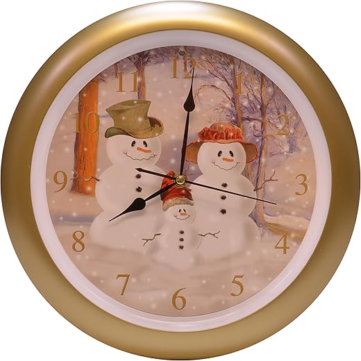 Mark Feldstein & Associates Snow Family Christmas Carol Holiday Sound Clock, 13 Inch, Gold