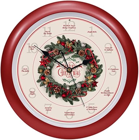 Mark Feldstein & Associates Traditional Christmas Holiday Wreath Carol Sound Clock, 13 Inch, Red