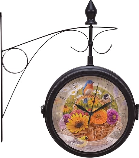 Mark Feldstein & Associates Wild Wings Summer Bouquet Metal Station Clock and Thermometer, 14 Inch