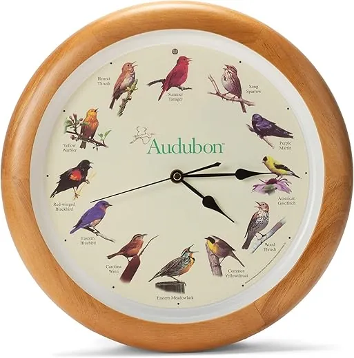 Mark Feldstein Audubon Singing Bird Wall Clock, Oak Wood Frame 13 Inch