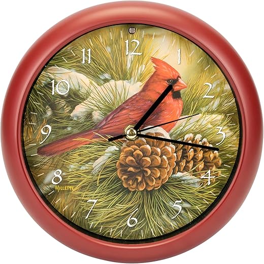 Mark Feldstein Wild Wings December Dawn Cardinal Round Red Frame 8 Inch Christmas Bird Sound Wall Clock