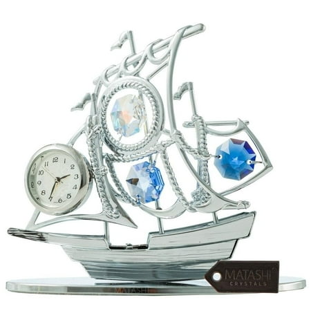 Matashi Chrome Silver Sailboat Tabletop Ornament with Clock Blue Crystals Home or Work Decoration