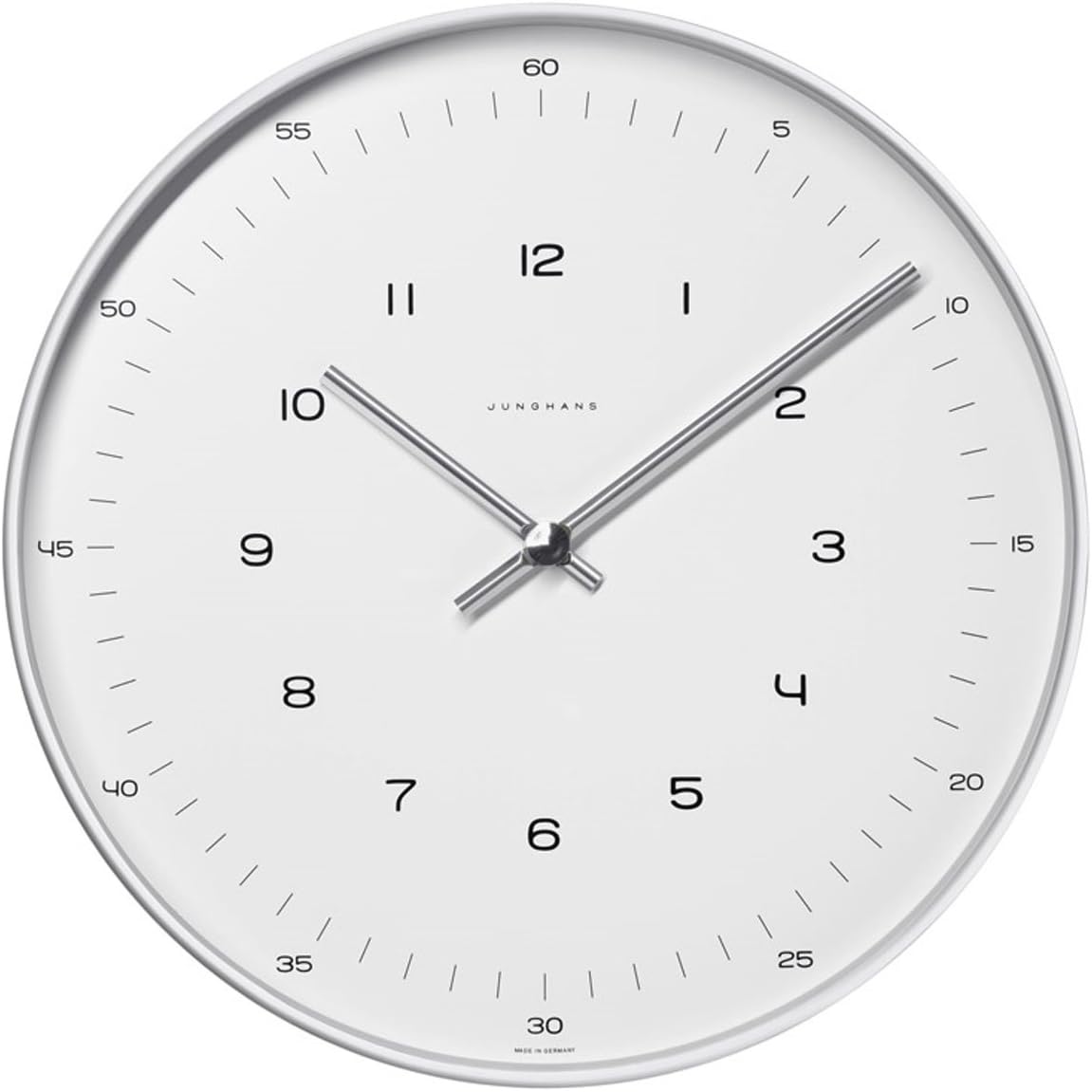 Max Bill Clock.30cm diam. Stainless Steel case. Quartz Movement. Mineral Glass face with Numbers.