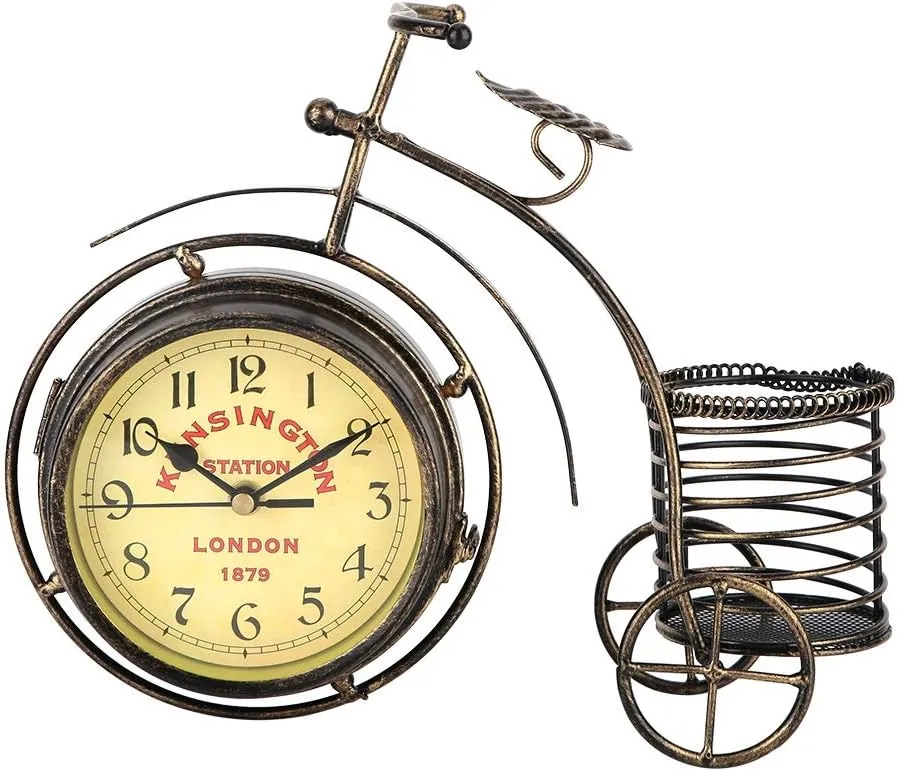 Maxmartt Tricycle Desk Clock, Double Sided Iron Art Clock Countertop Vintage Desk Clock Antique Bicycle Decor with Pen Case for Living Room, Dining Room, Bedroom